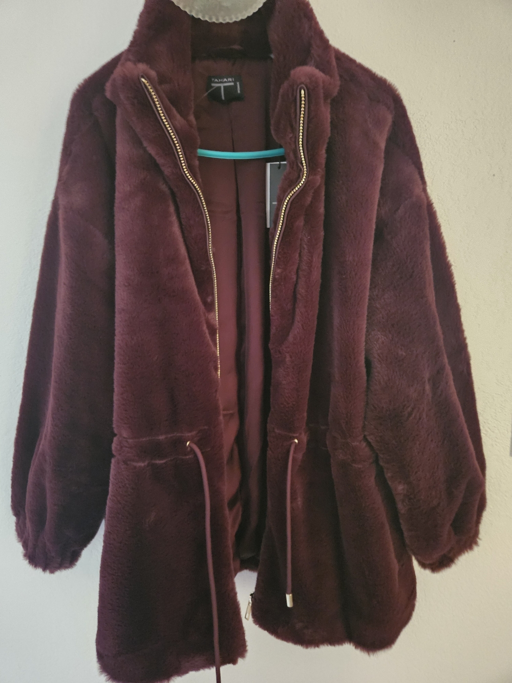 Tahari Burgundy Faux Fur Zip-Front Jacket